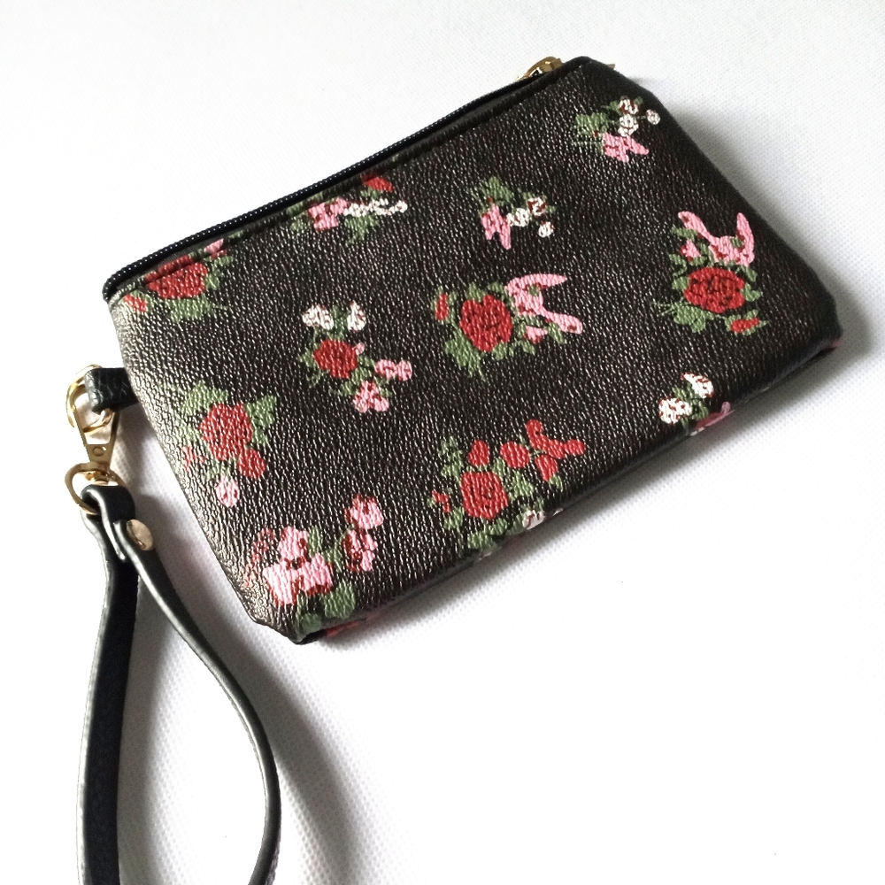 Coach black floral canvas wristlet